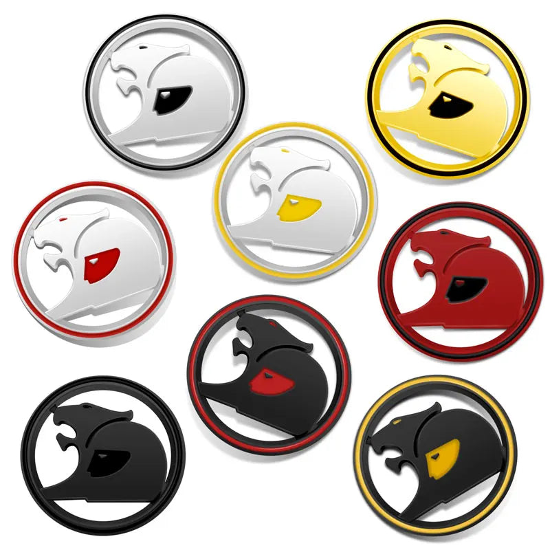 Eight round 3D metal badges showing the colour options: silver, yellow, silver and yellow, silver and red, red, black and red, black, and black and yellow
