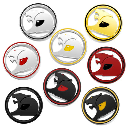 Eight round 3D metal badges showing the colour options: silver, yellow, silver and yellow, silver and red, red, black and red, black, and black and yellow