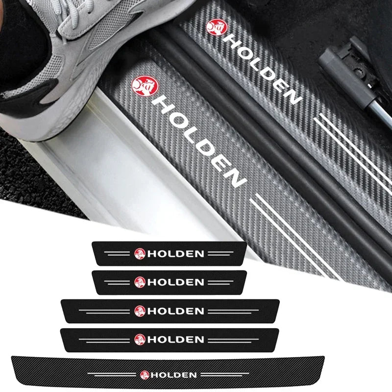 Holden carbon fibre door sill protector stickers on a car door sill with a shoe stepping in, and five strips shown below
