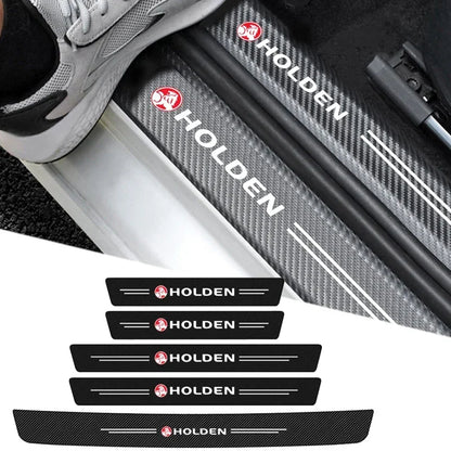 Holden carbon fibre door sill protector stickers on a car door sill with a shoe stepping in, and five strips shown below