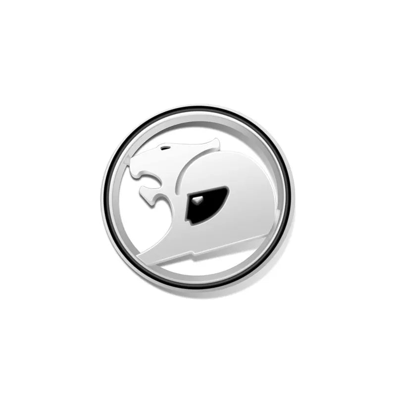 Silver round 3D metal badge with black ring and black accent, stylised big cat design on a white background