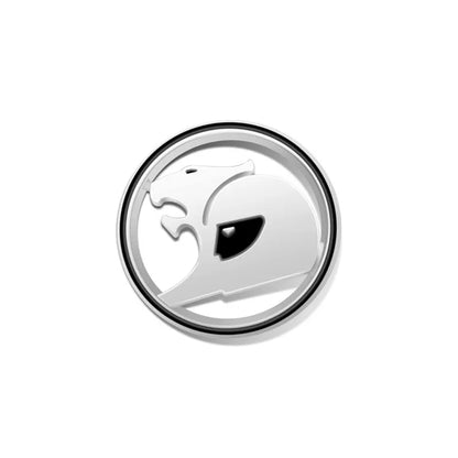 Silver round 3D metal badge with black ring and black accent, stylised big cat design on a white background