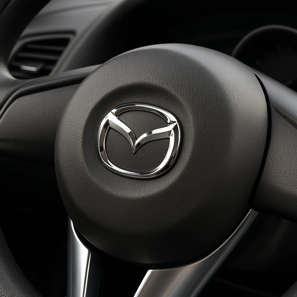 Mazda steering wheel with chrome emblem installed