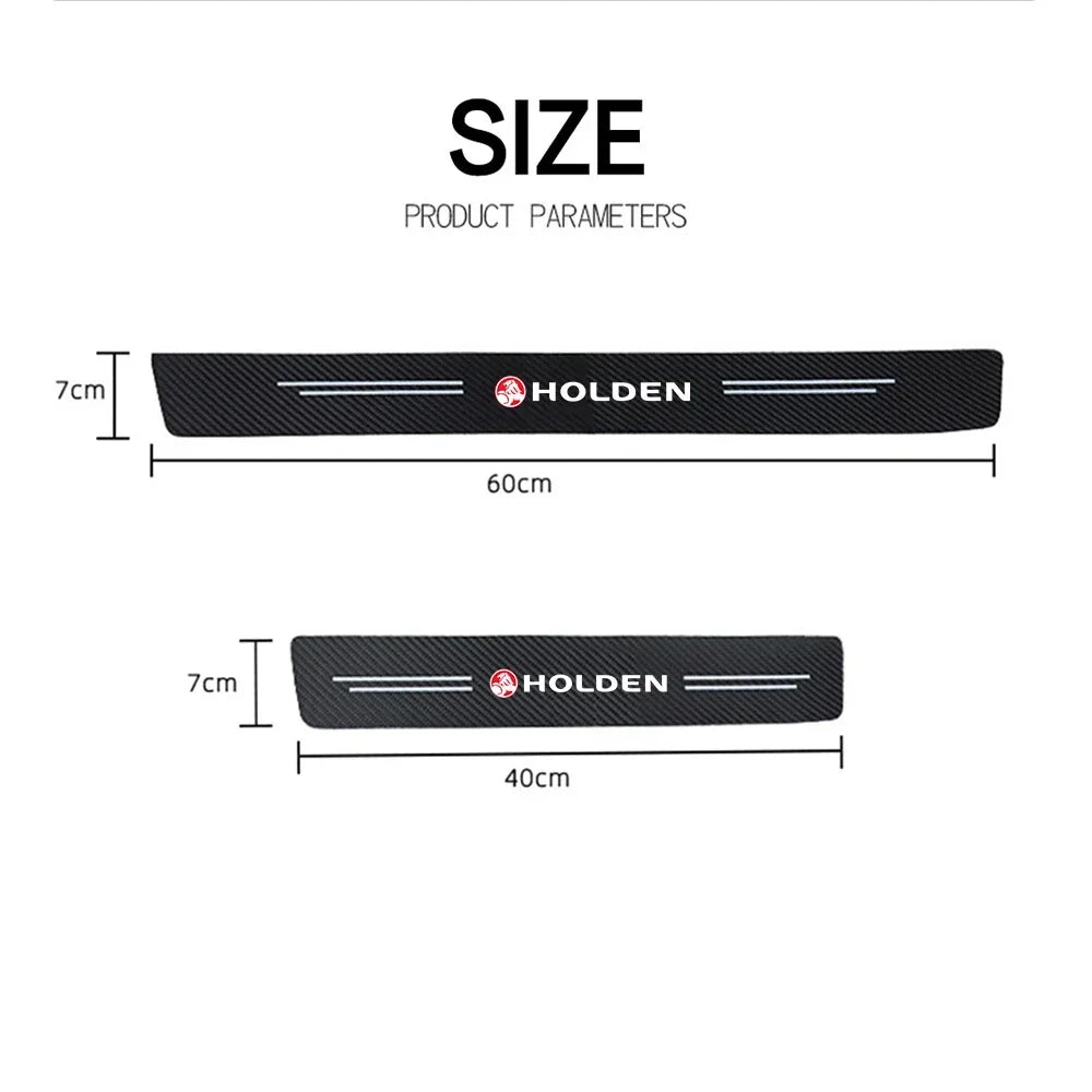 Size chart showing black carbon fibre Holden door sill protector strips measuring 60cm by 7cm and 40cm by 7cm