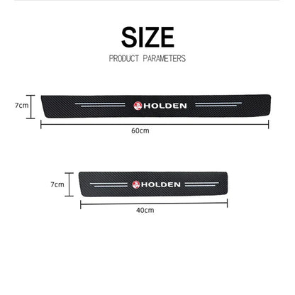 Size chart showing black carbon fibre Holden door sill protector strips measuring 60cm by 7cm and 40cm by 7cm