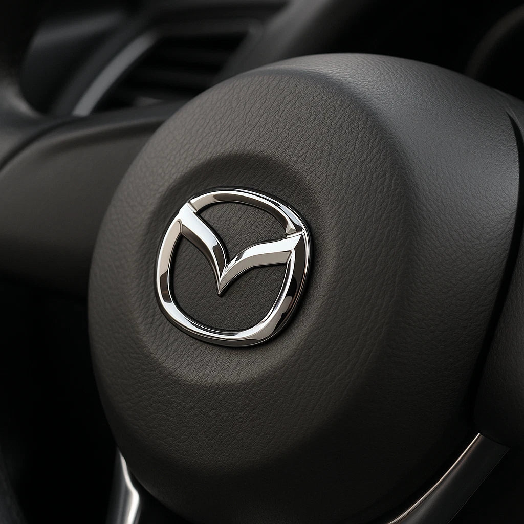 Close up of chrome Mazda steering wheel emblem badge