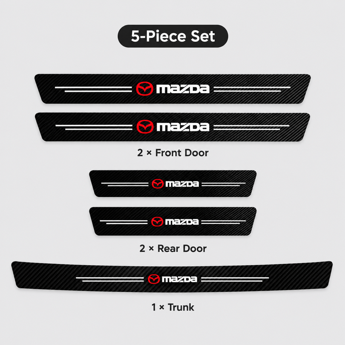 Mazda carbon fibre-look sill protector size guide: front door 60 x 7 cm, rear door 40 x 7 cm, trunk 90 x 6.3 cm
