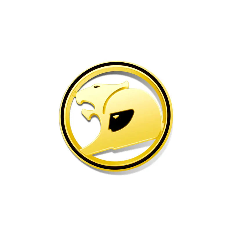 Yellow gold round 3D metal badge with black ring and black accent, stylised big cat design on a white background