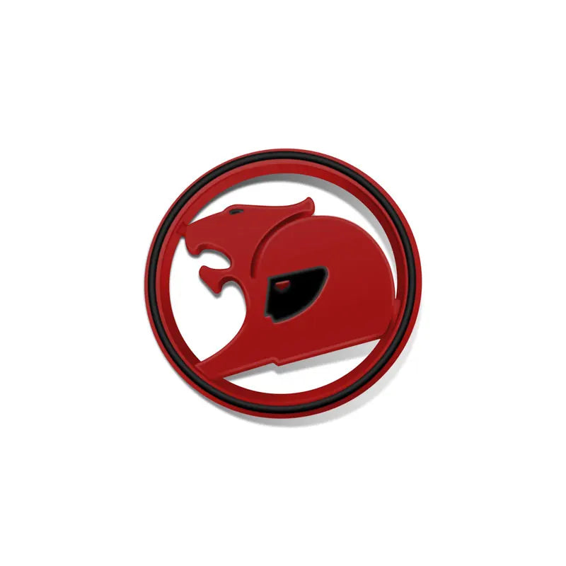 Red round 3D metal badge with black ring and a stylised big cat design on a white background