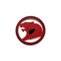 Red round 3D metal badge with black ring and a stylised big cat design on a white background