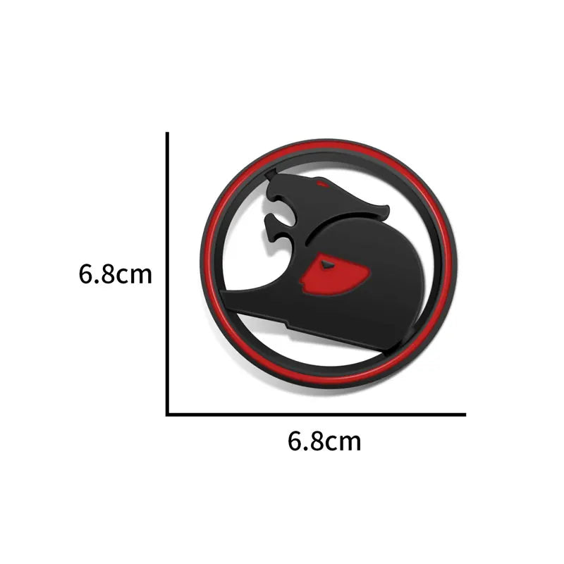 Black round 3D metal badge with red ring and red accent, stylised big cat design, measuring 6.8cm by 6.8cm