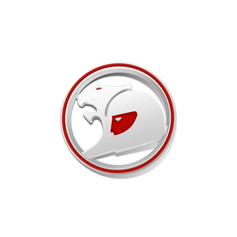 Silver round 3D metal badge with red ring and red accent, stylised big cat design on a white background