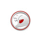 Silver round 3D metal badge with red ring and red accent, stylised big cat design on a white background