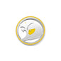 Silver round 3D metal badge with yellow ring and yellow accent, stylised big cat design on a white background