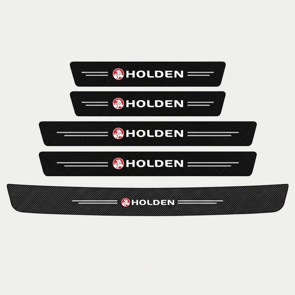 Set of five black carbon fibre Holden door sill protector stickers with Holden logo, four strips in two sizes and one long strip