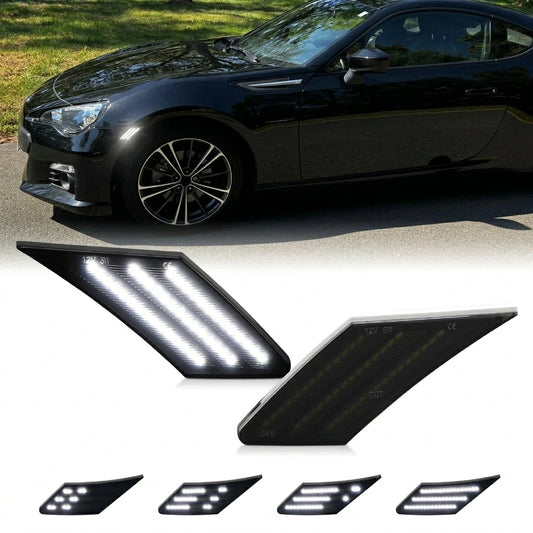 Pair of black LED side marker lights with white LED strips lit, above a black sports coupe, with four LED pattern options below