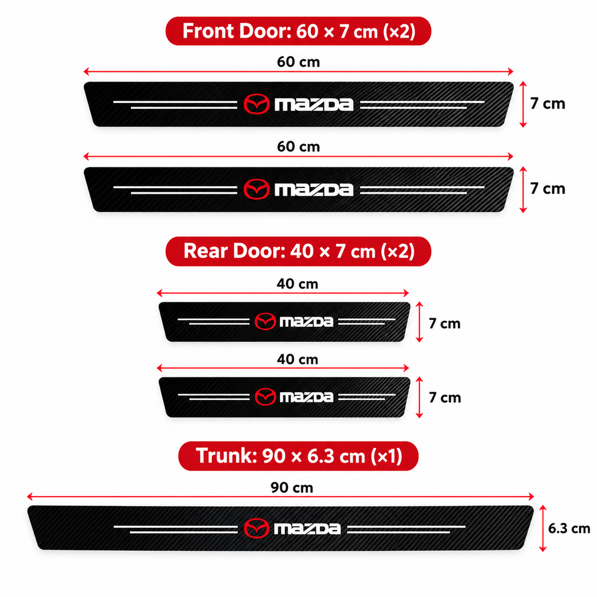 Mazda carbon fibre-look door sill protector sticker with red logo fitted on an open car door sill