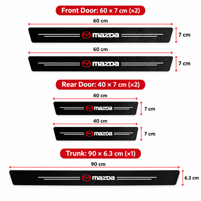 Mazda carbon fibre-look door sill protector sticker with red logo fitted on an open car door sill
