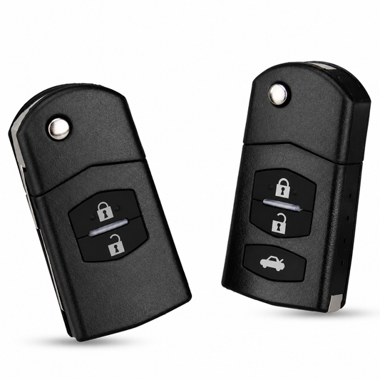 Two black folding car key fobs, one with lock and unlock buttons and one with lock, unlock and boot buttons