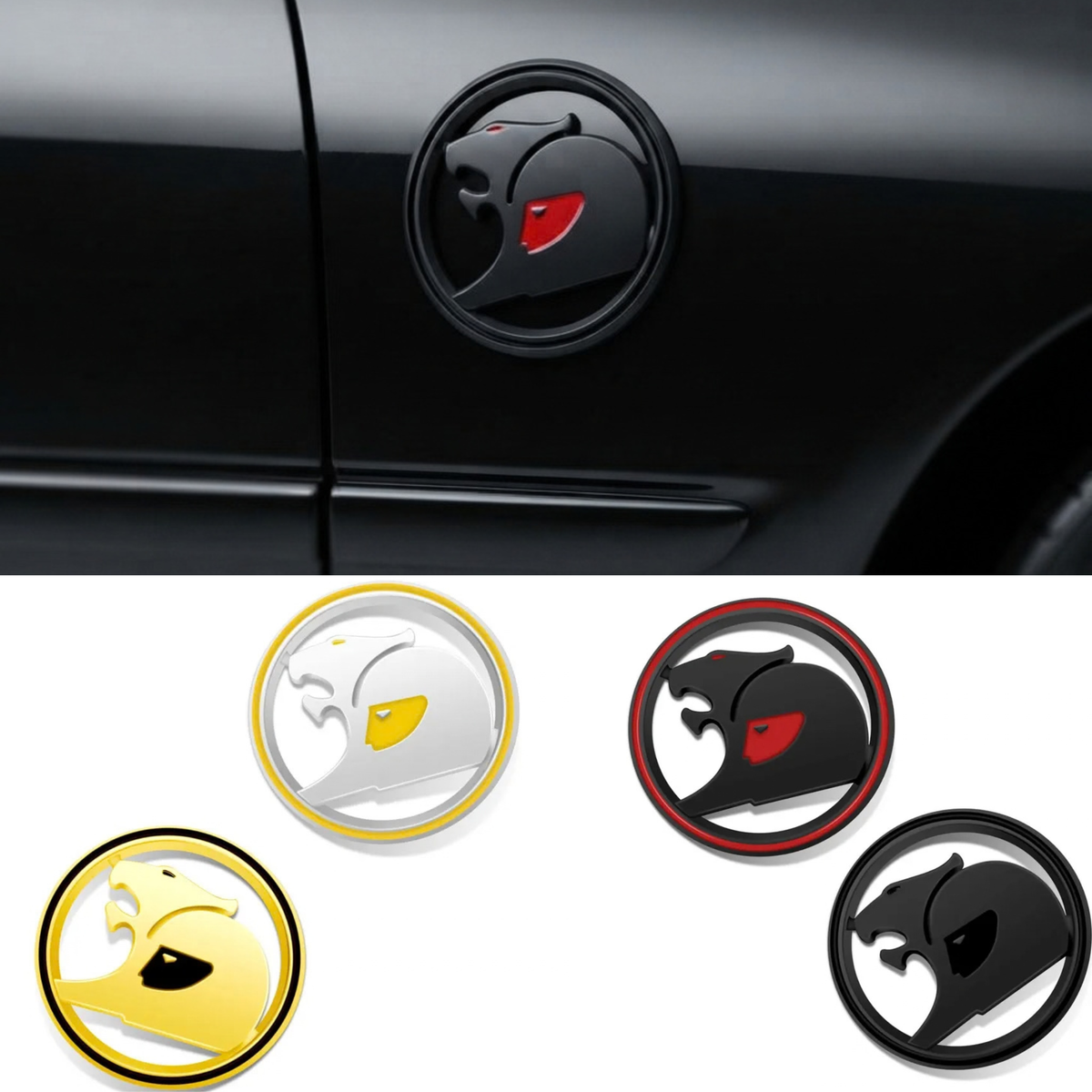 Black round 3D metal badge with red accent on the front fender of a black car, above four badge colour options in silver and yellow, yellow, black and red, and black