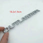 Silver chrome-look 3D Outlander letter emblem badge held in hand, labelled 18.2 x 1.9 cm